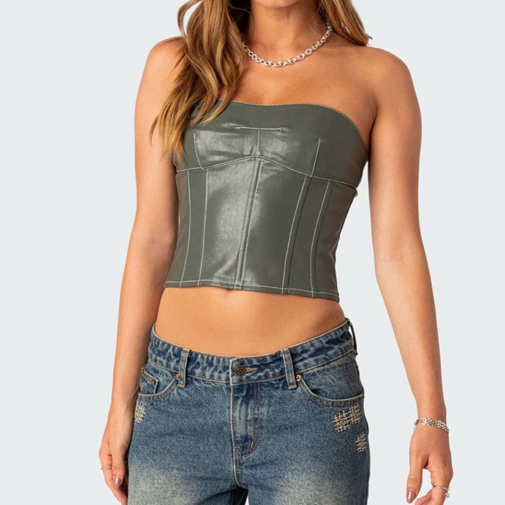 EDIKTED moss faux leather lace up corset green